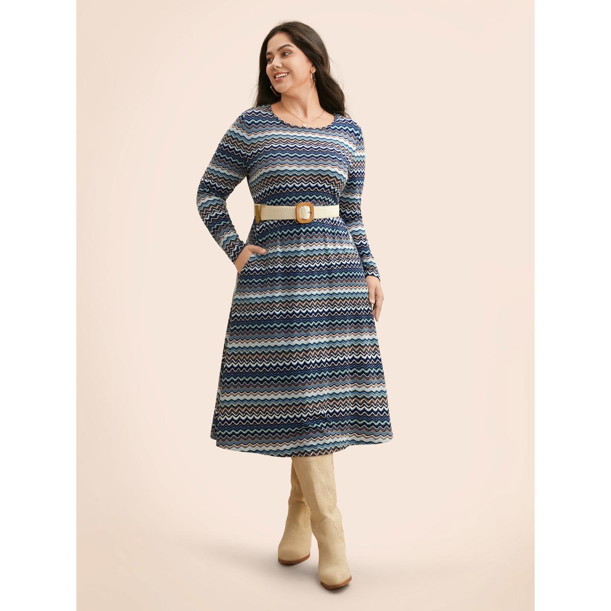Plus Size Contrast Striped Crew Neck Midi Knit Dress Aegean Women Casual Contrast Knit Dresses Bloomchic 22-24/3X Product Image