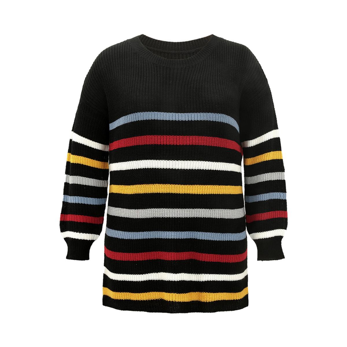 Plus Size Rainbow Striped Drop Shoulder Lantern Sleeve Pullover Multicolor Women Casual Loose Long Sleeve Round Neck Dailywear Pullovers BloomChic 28/5X Product Image