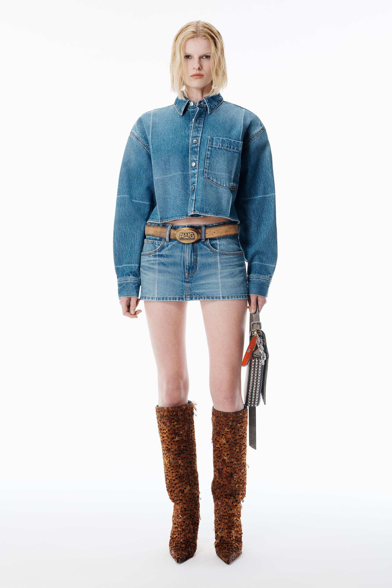 Vintage-effect Marbled Blue Denim Cropped Shirt Product Image