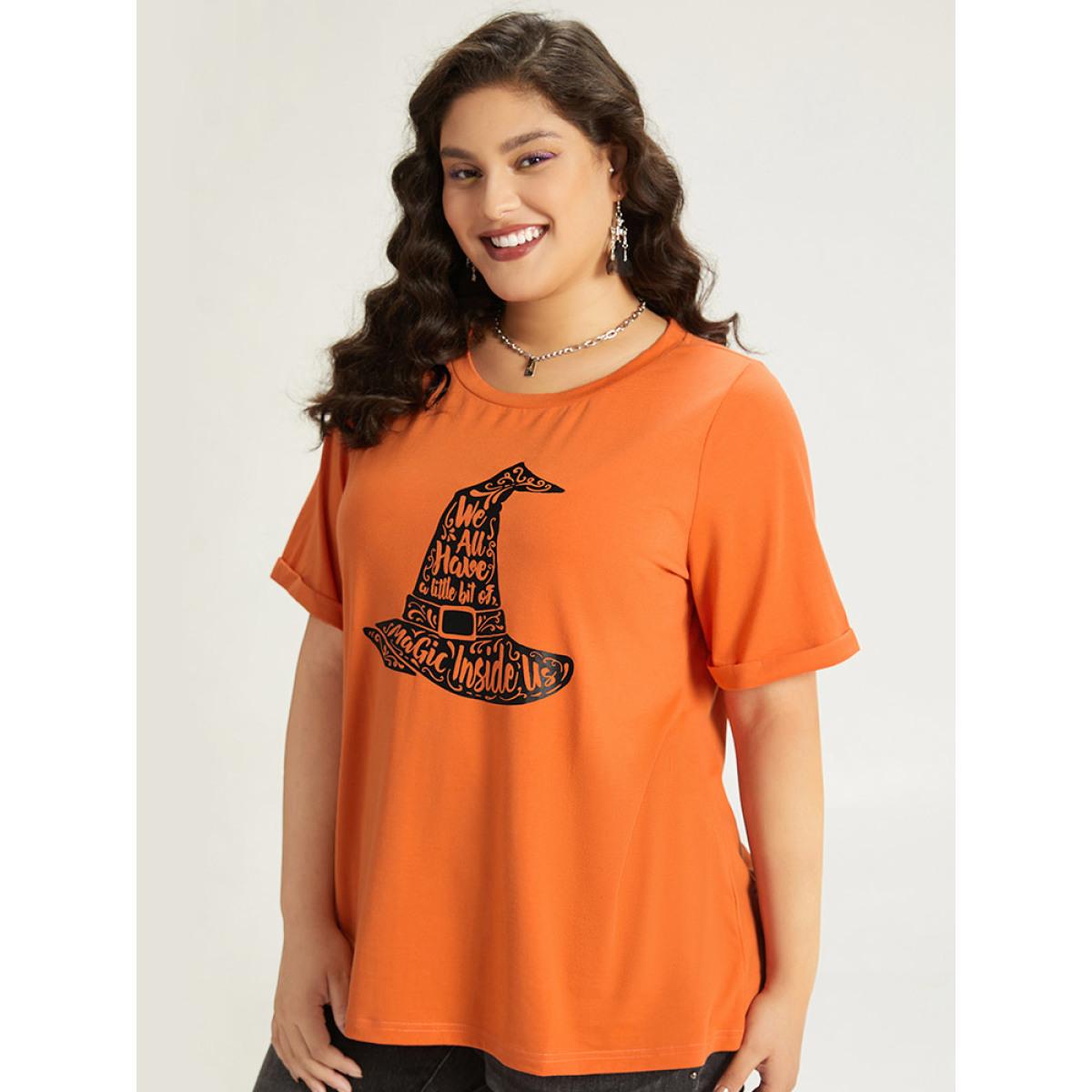 Plus Size Halloween Graphic Roll Sleeve Crew Neck T-shirt OrangeRed Women Casual Printed Halloween Festival-Halloween T-shirts BloomChic 30/6X Product Image