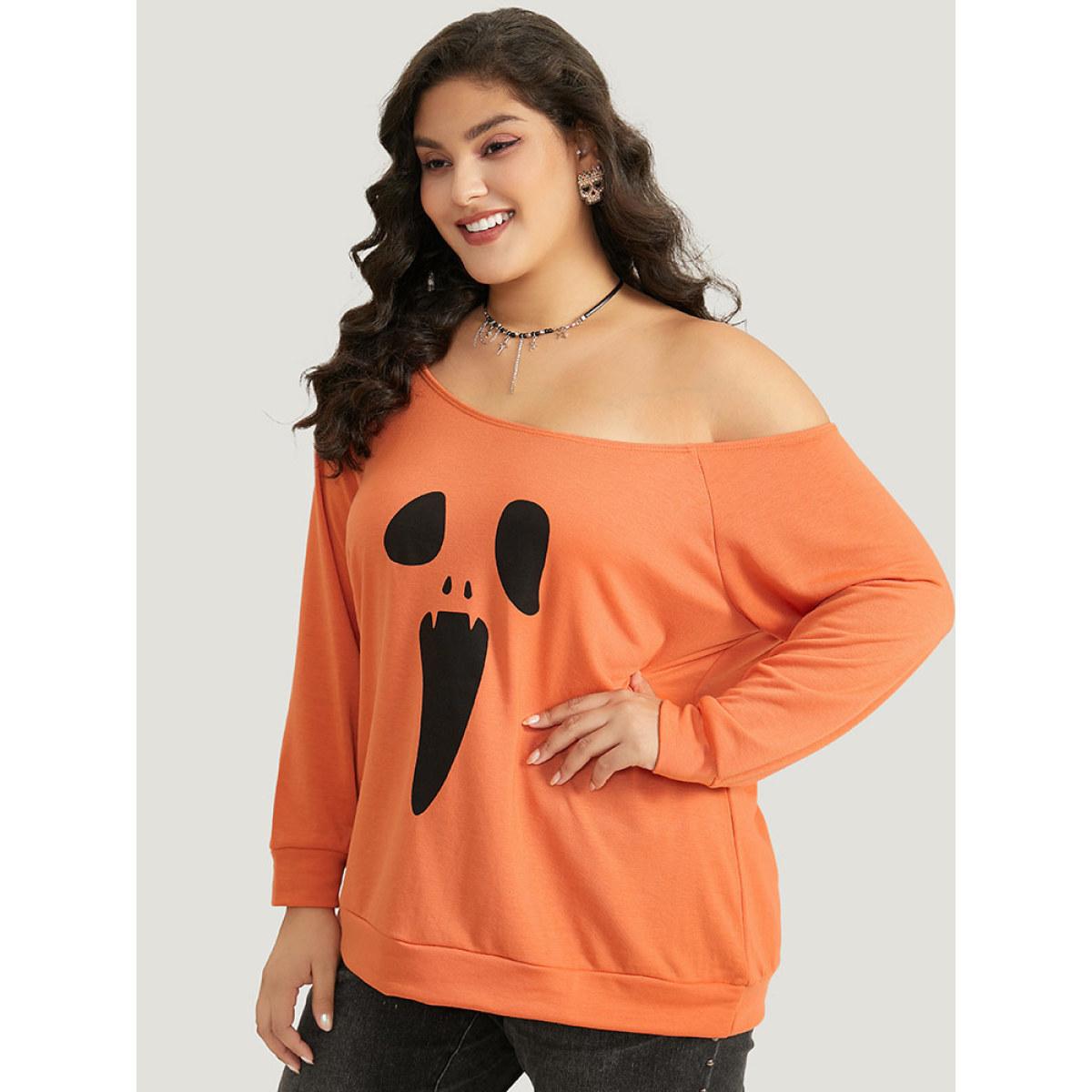 Plus Size Halloween Print One Shoulder Raglan Sleeve Sweatshirt Women OrangeRed Casual Printed Festival-Halloween Sweatshirts BloomChic 14-16/1X Product Image