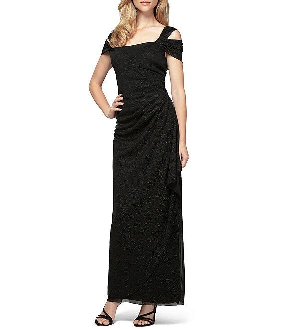 Alex Evenings Glitter Mesh Cowl Neck Cold Shoulder Cap Sleeve Side Slit Ruched Gown Product Image