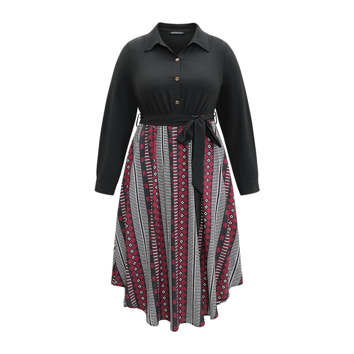 Plus Size Geometric Belted Button Up Curved Hem Dress Black Women Office Belted Shirt collar Long Sleeve Curvy Midi Dress BloomChic 28/5X Product Image
