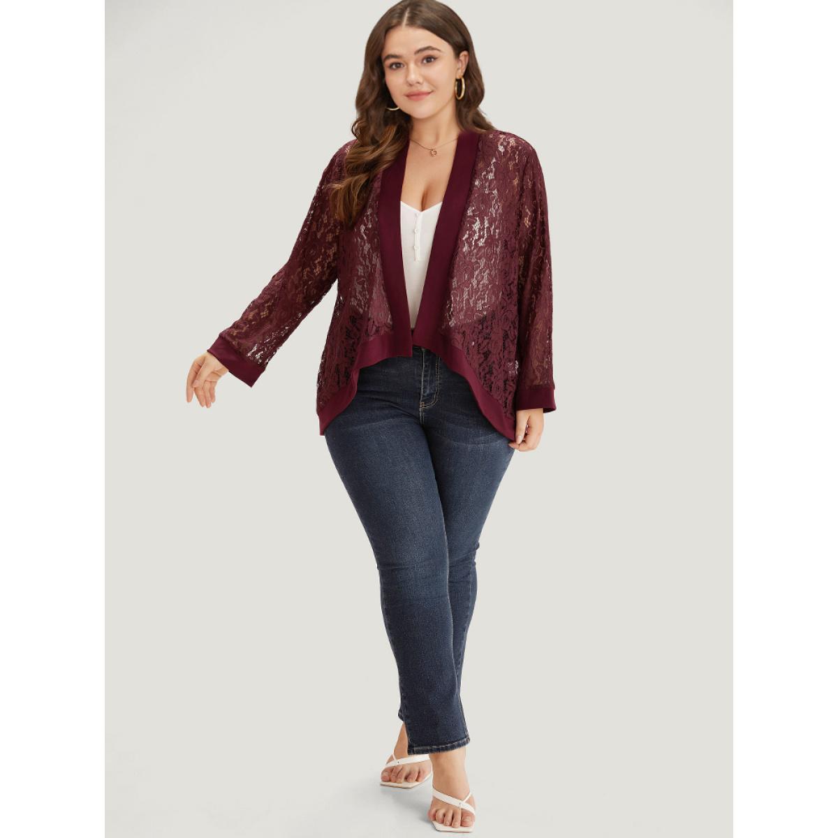 Plus Size Supersoft Essentials Crochet Lace Mesh Open Front Asymmetrical Hem Kimono Women Scarlet Casual Patchwork Loose Dailywear Kimonos BloomChic 26/4X Product Image