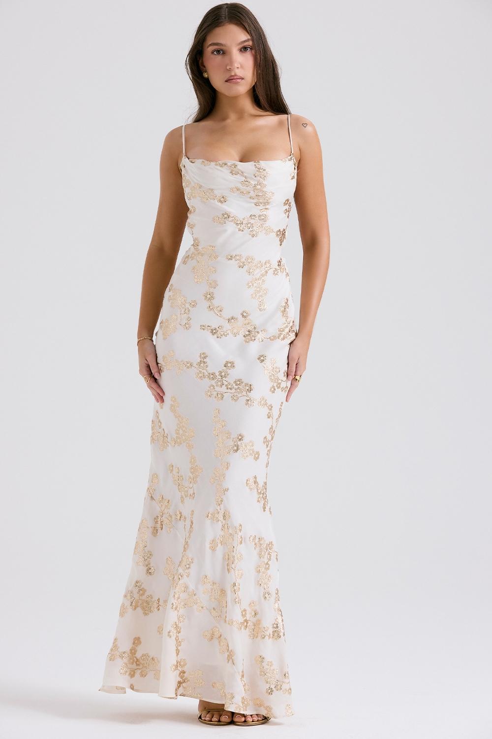Capriana  white & gold jacquard satin gown Product Image