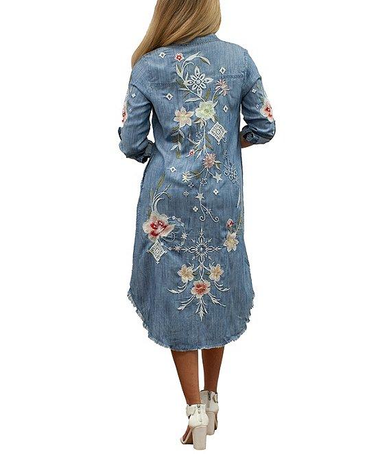 Karyn Seo Isa Floral Embroidered Spread Collar Roll-Tab Long Sleeve Button Front Midi Shirt Dress Product Image