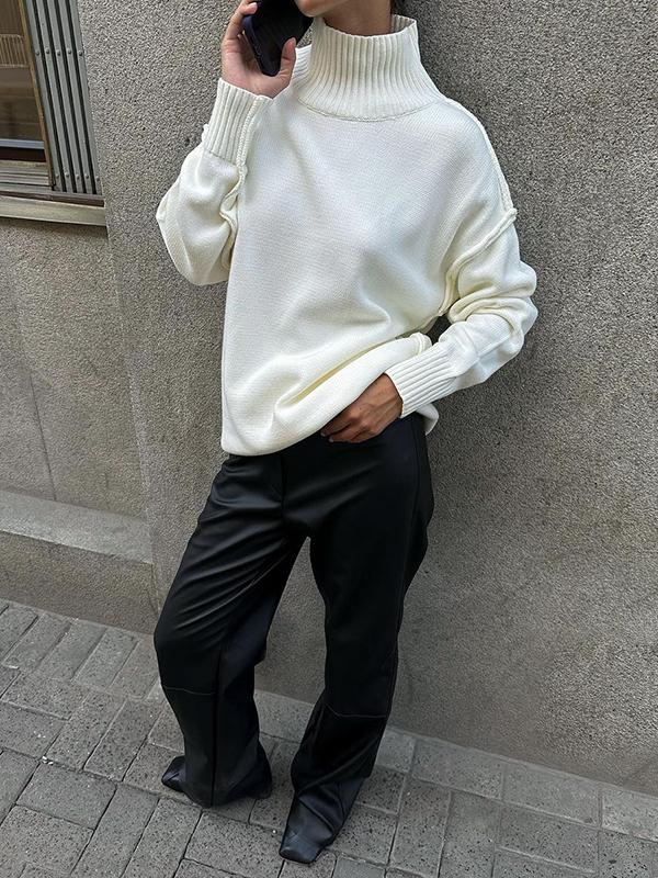 Long Sleeves Loose Solid Color Split-Joint High Neck Pullovers Sweater Tops Product Image