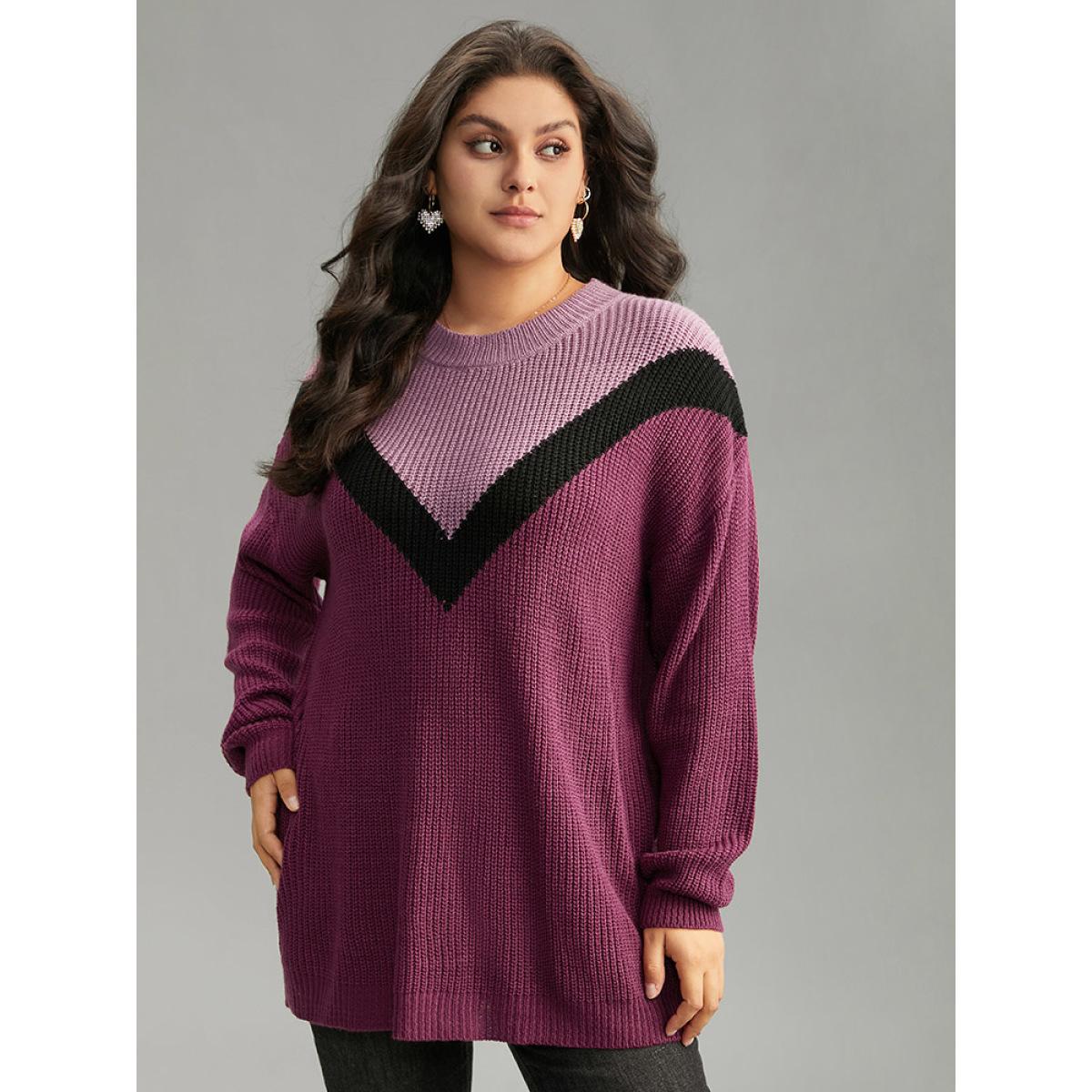 Plus Size Colorblock Contrast Drop Shoulder Loose Pullover Multicolor Women Casual Loose Long Sleeve Round Neck Dailywear Pullovers BloomChic 28/5X Product Image