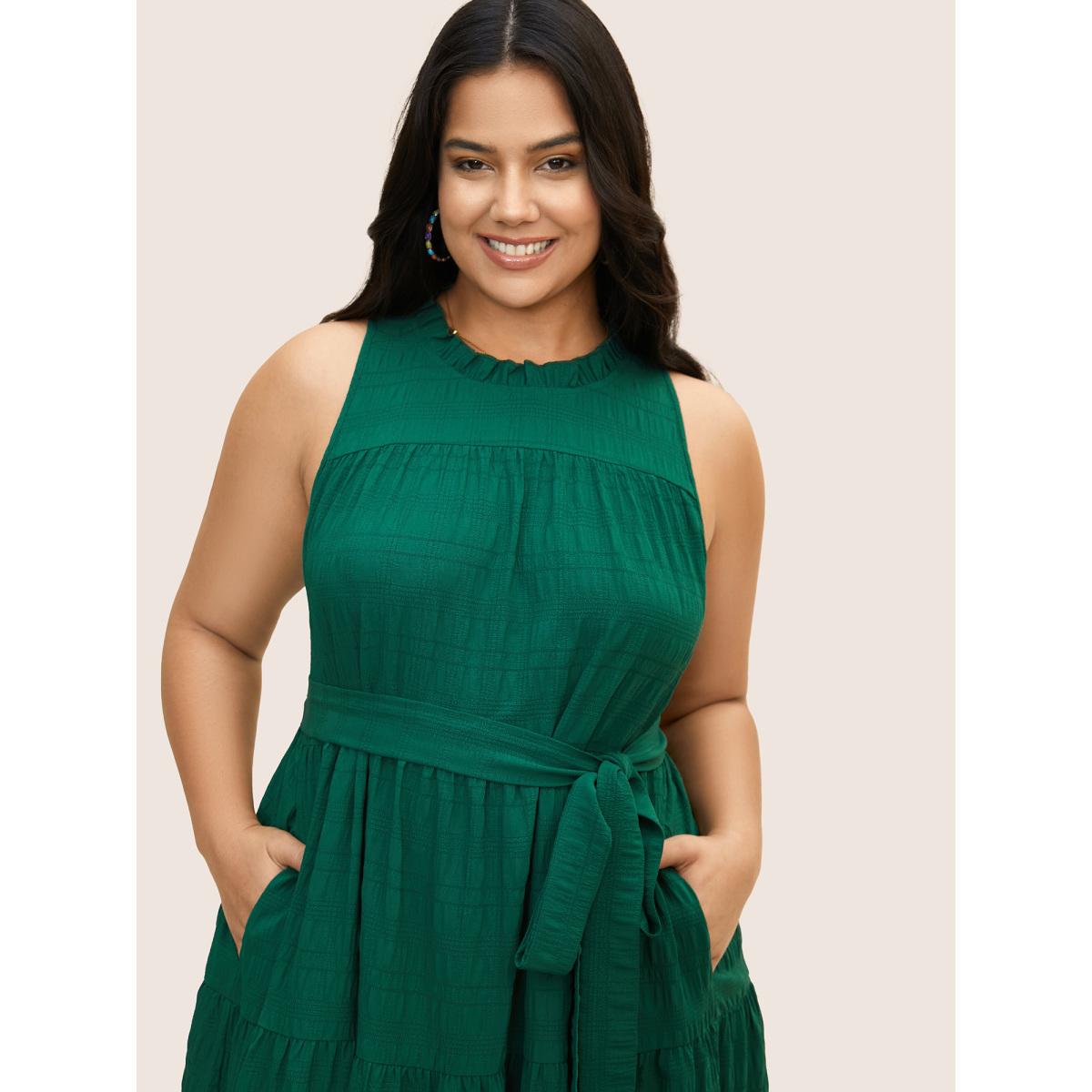 Plus Size Plain Textured A-line Frill Trim Dress Emerald Women Resort Texture Mock Neck Sleeveless Curvy BloomChic 18-20/2X Product Image