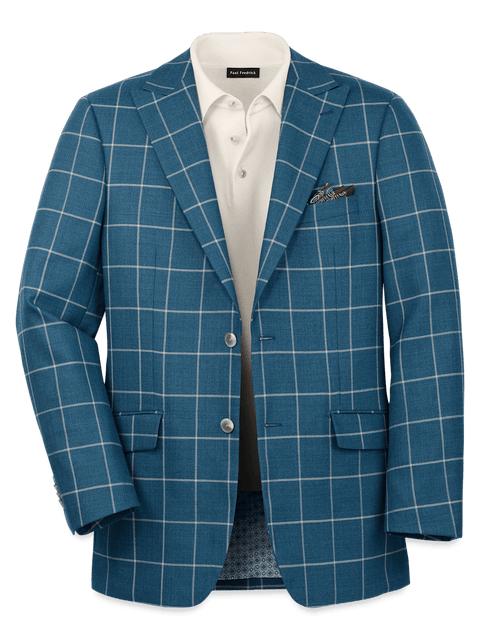 Wool Windowpane Single Breasted Peak Lapel Sport Coat - Teal Product Image