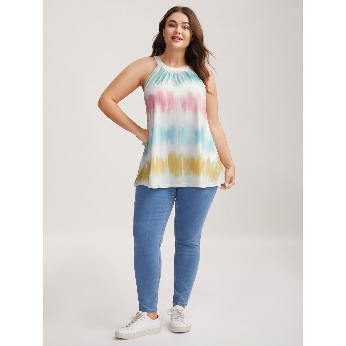 Plus Size Color Fusion Pleated Flowy Tank Top Women Multicolor Playful Gathered Round Neck Casual Tank Tops Camis BloomChic 12/L Product Image