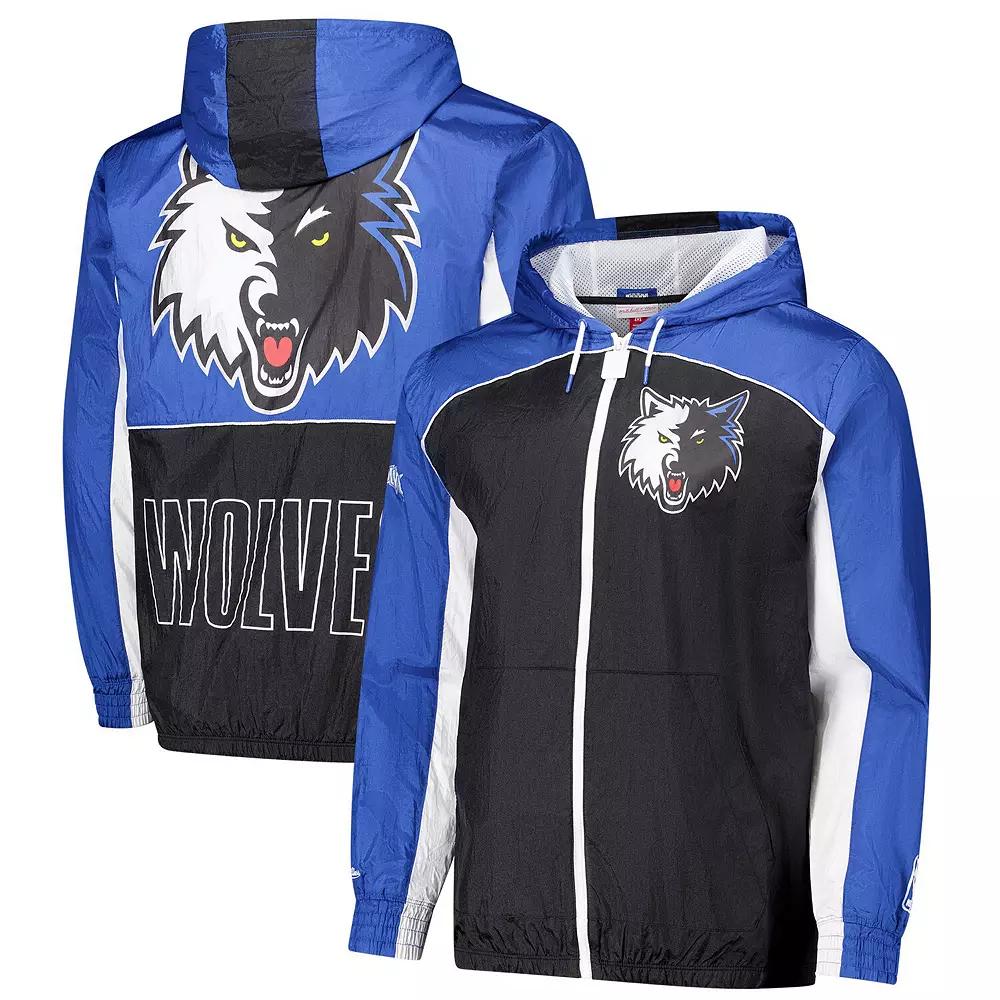 Men's Mitchell & Ness Black/Blue Minnesota Timberwolves Hardwood Classics Big Shot Premium Full-Zip Windbreaker Jacket, Size: Medium Product Image