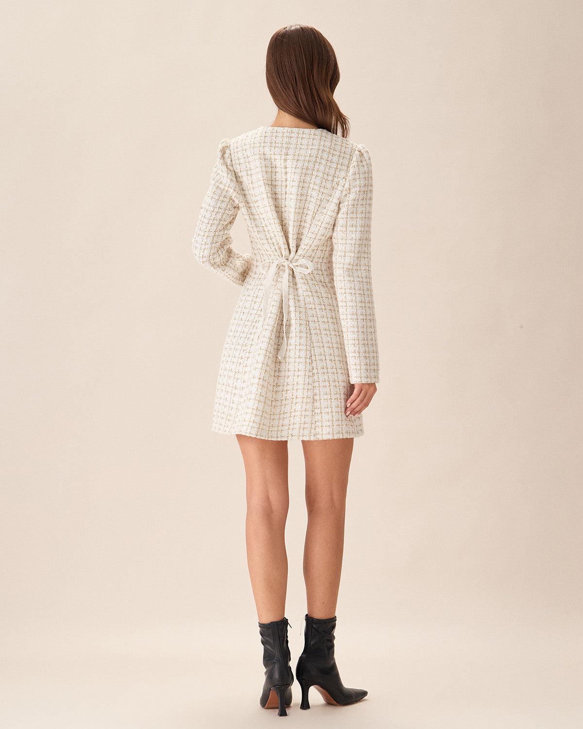 White Square Neck Tweed Mini Dress Product Image