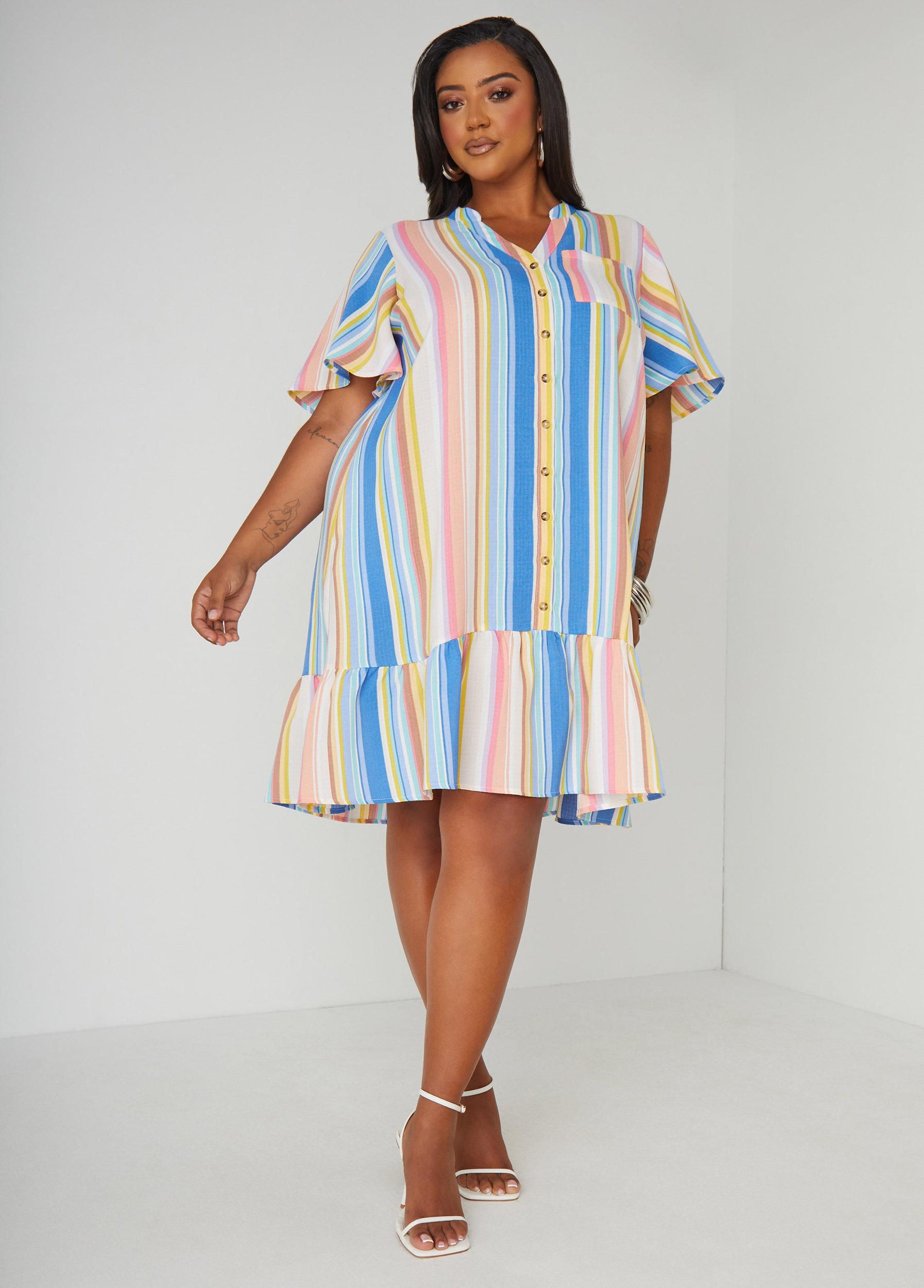 Striped Flounced Shirtdress Product Image