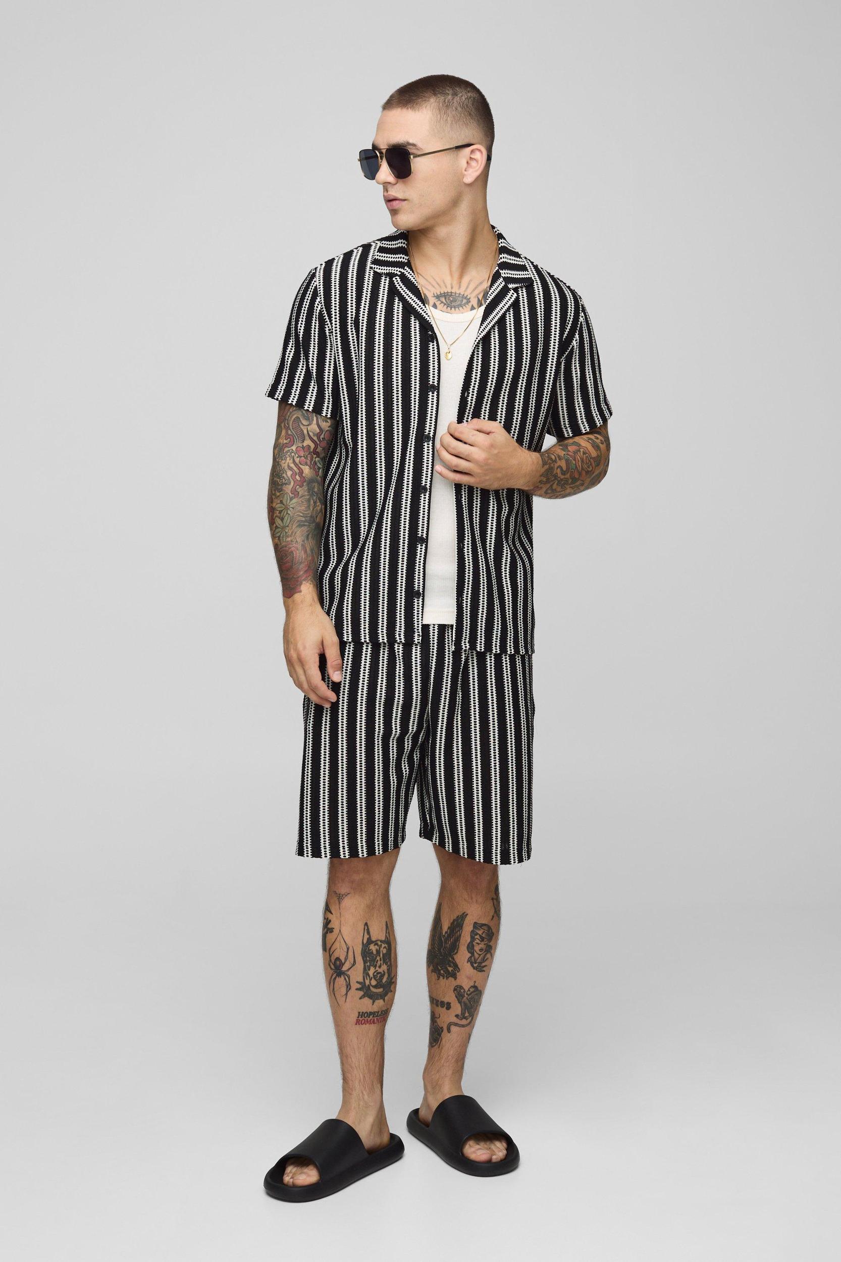 Regular Fit Textured Stripe Revere Collar Jersey Shirt and Shorts Set | boohooMAN USA Product Image