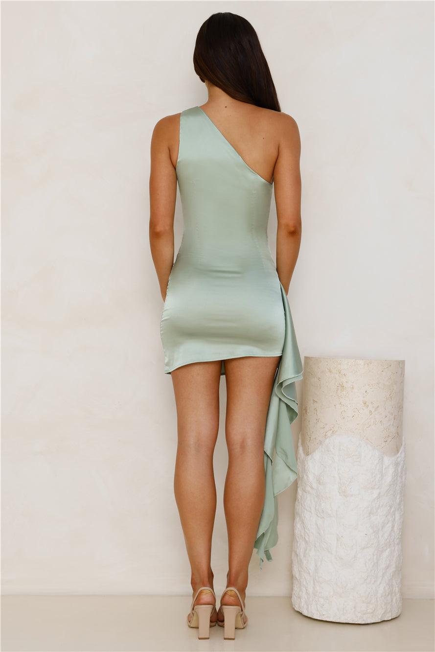 Sultry Luxe Satin One Shoulder Mini Dress Sage Product Image