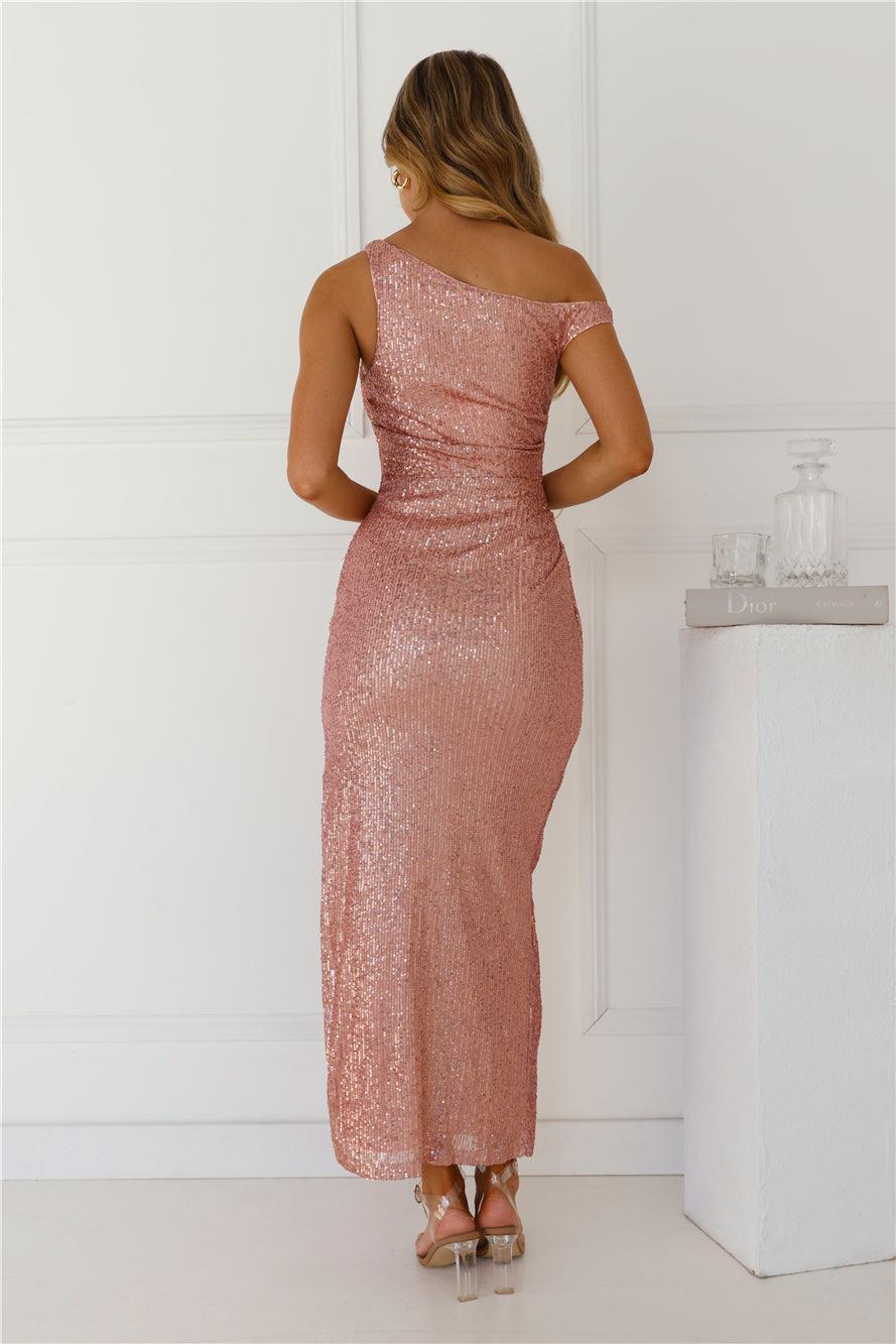 Brilliant Beginnings Sequin Off Shoulder Maxi Dress Rose Gold Product Image