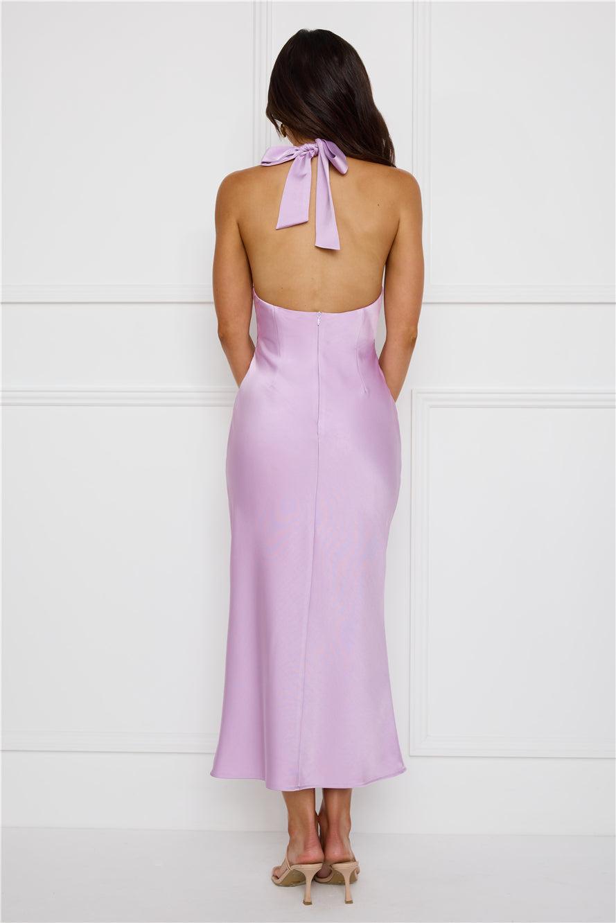 Chic Soirée Satin Halter Midi Dress Lilac Product Image