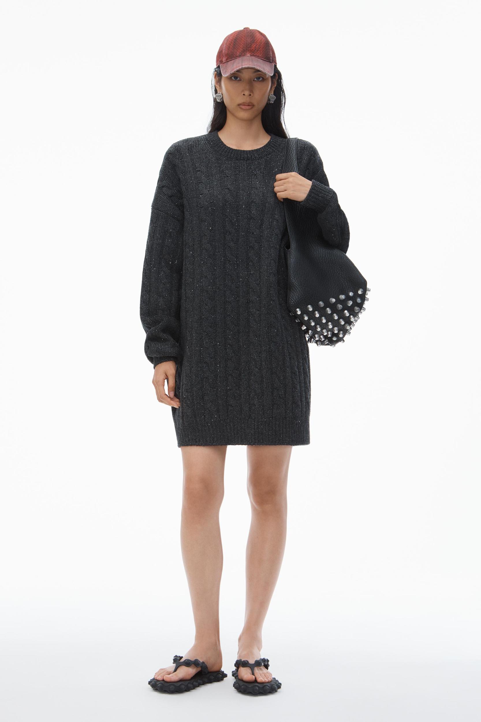 Clear Bead Hotfix Cable-knit Pullover Dress In Boiled Wool Product Image