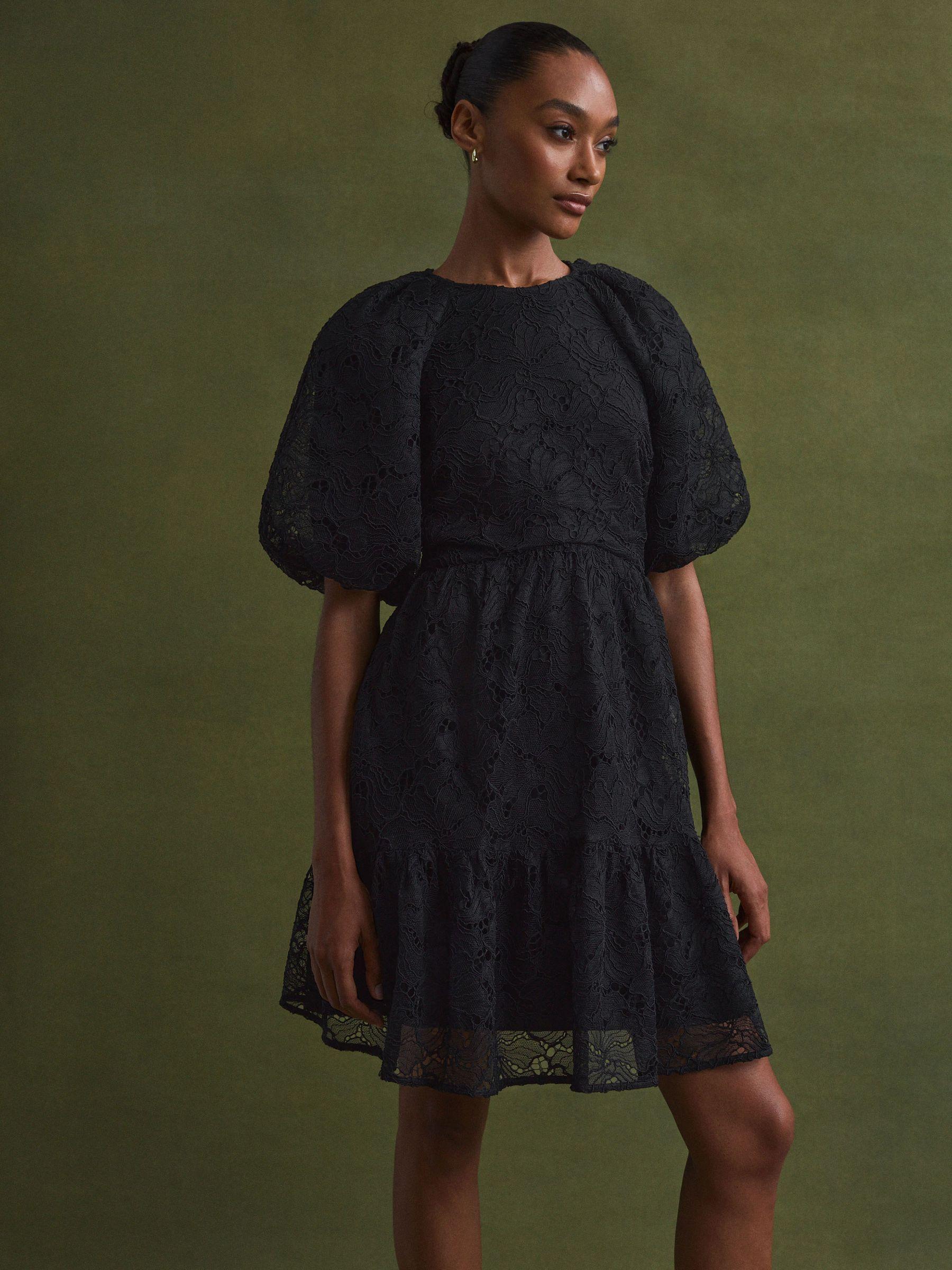 Florere Lace Puff Sleeve Mini Dress in Black Product Image