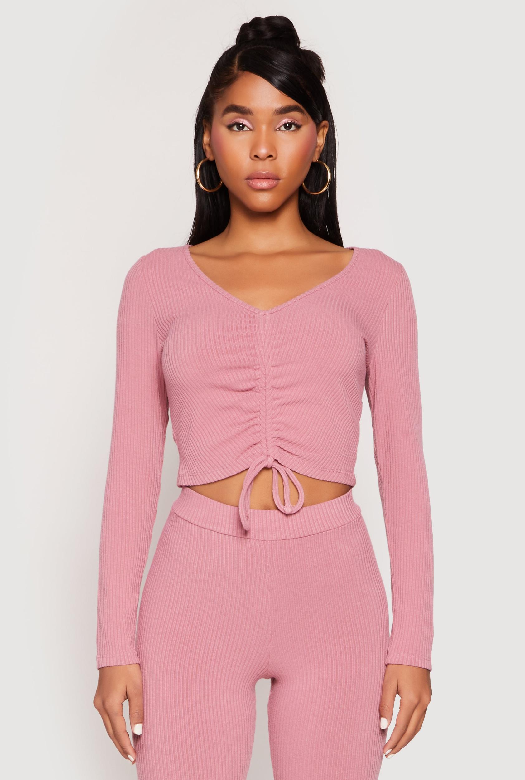 Womens Rib Knit Drawstring Front Ruched Crop Top Product Image