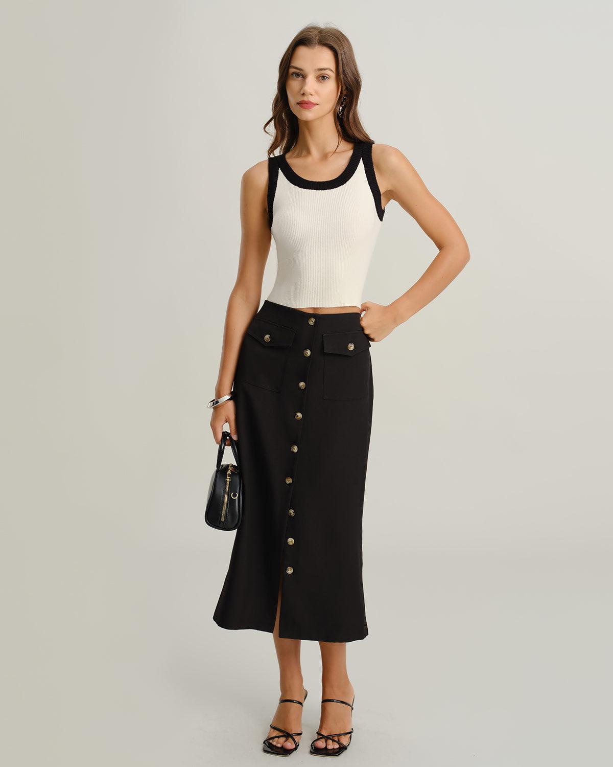 Black Natural Waisted Button Slit Midi Skirt Product Image