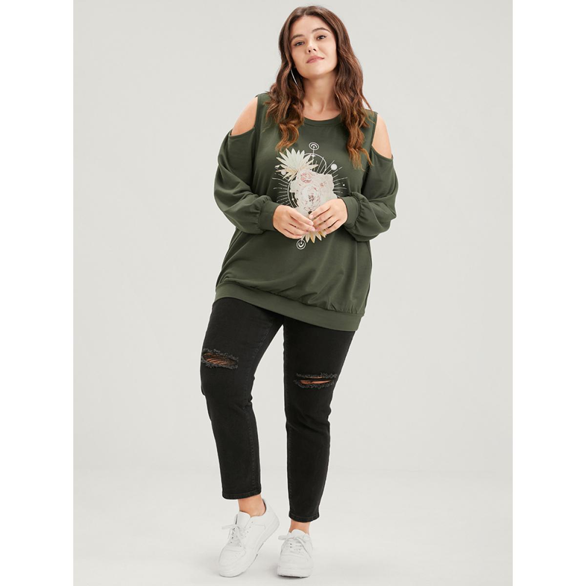 Plus Size Floral Print Cold Shoulder Sweatshirt Women ArmyGreen Elegant Printed Loose Round Neck Dailywear Sweatshirts BloomChic 18-20/2X Product Image