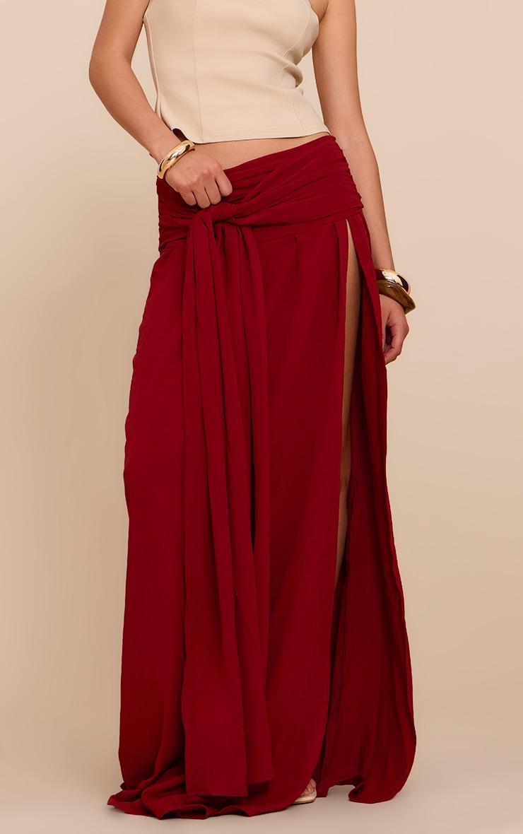 Deep Red Floaty Woven Knot Front Maxi Skirt Product Image
