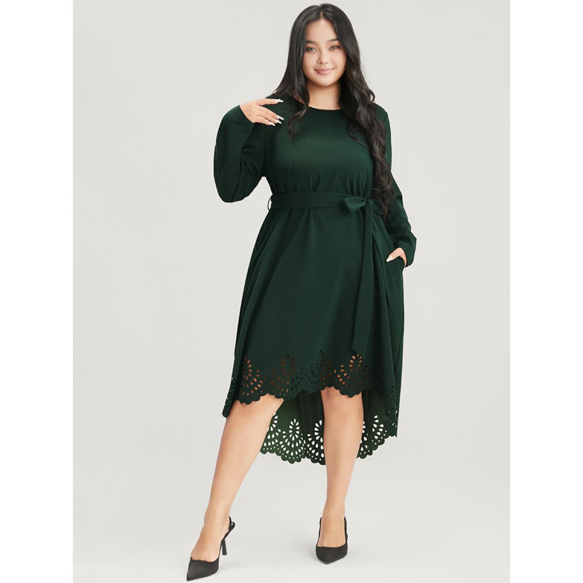Plus Size Solid Pocket Laser Cut Asymmetrical Hem Belted Dress DarkGreen Women Casual Belted Round Neck Long Sleeve Curvy Midi Dress BloomChic 18-20/2X Product Image
