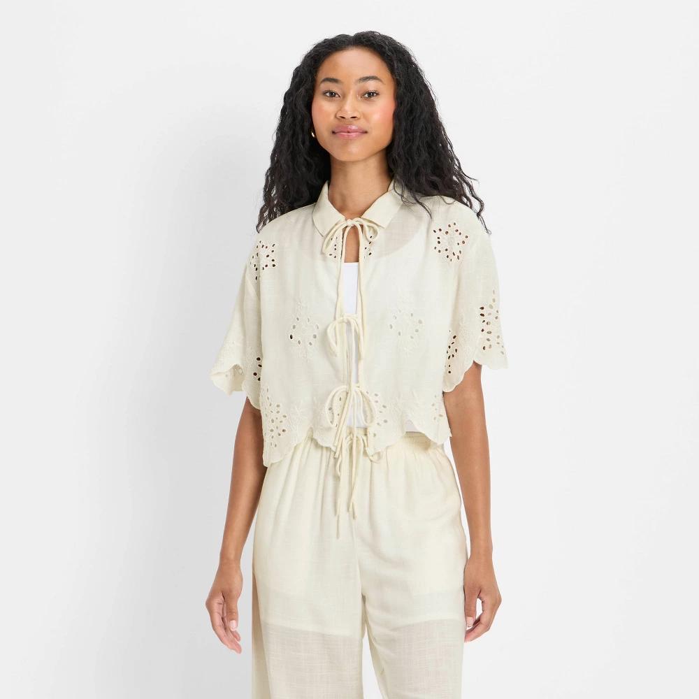 Women's Short Sleeve Embroidered Tie-Front Blouse - Future Collective Black 2X Product Image