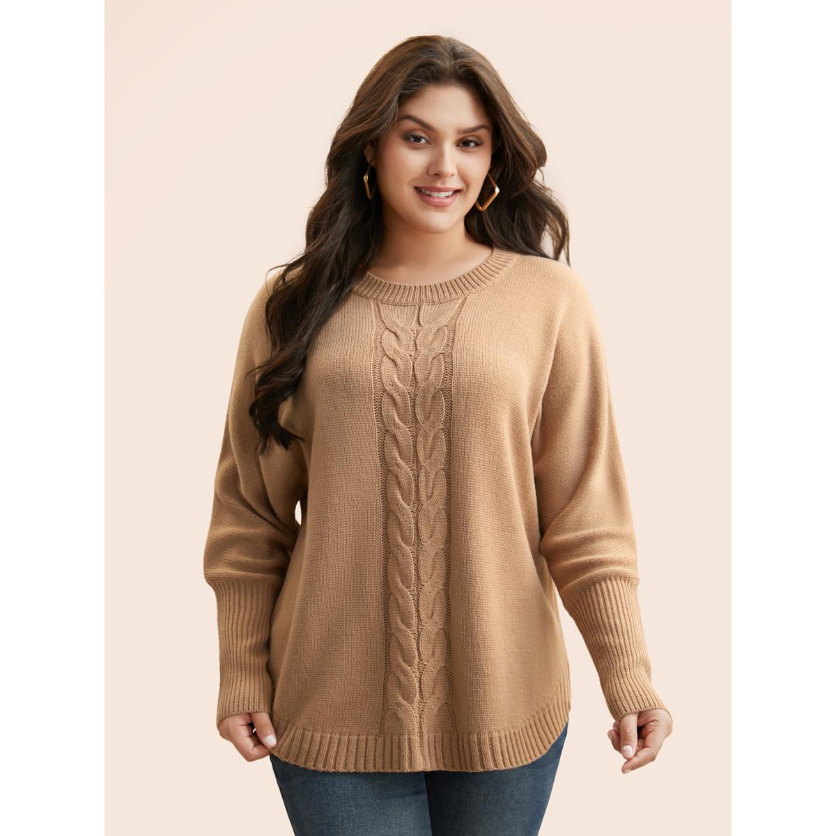 Plus Size Plain Dolman Sleeve Arc Hem Pullover Tan Women Casual Loose Long Sleeve Round Neck Everyday Pullovers BloomChic 14-16/1X Product Image