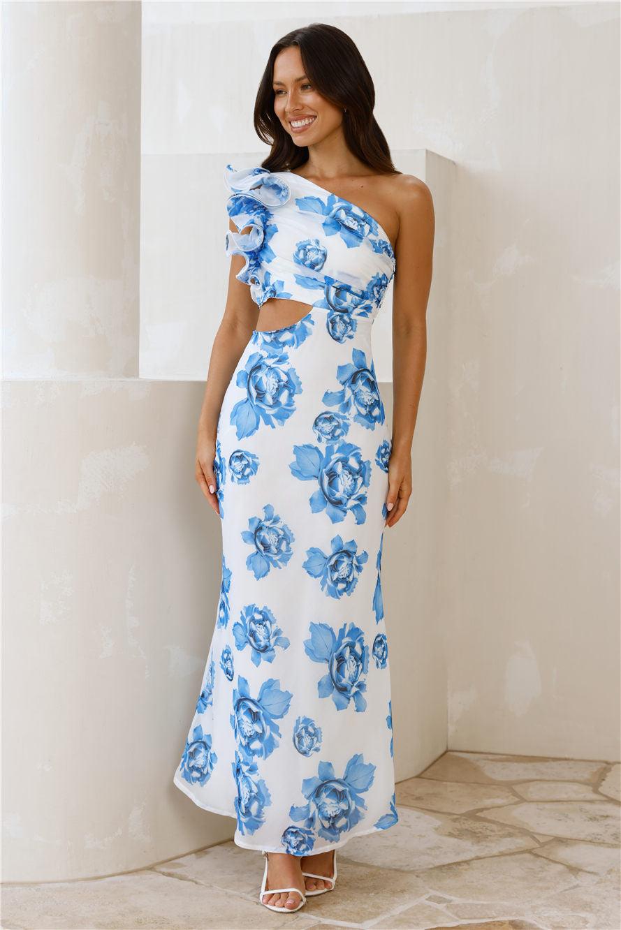 Crystal Crush One Shoulder Maxi Dress Blue Product Image