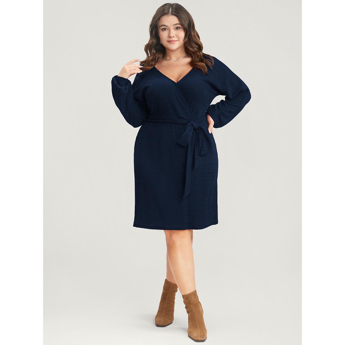Plus Size Solid Surplice Neck Belted Knit Dress Navy Women Glamour Cross straps V-neck Long Sleeve Curvy Knee Dress BloomChic 18-20/2X Product Image