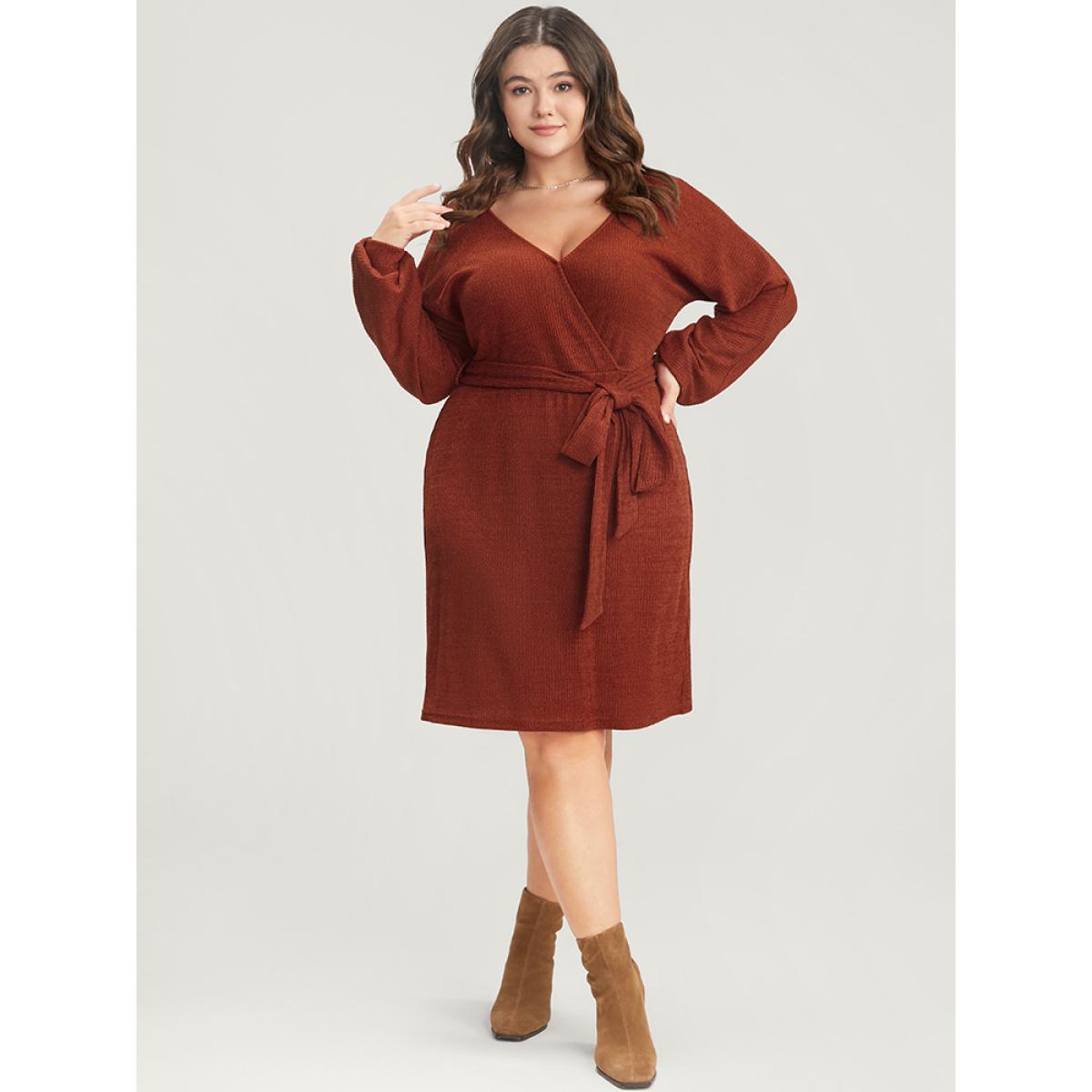 Plus Size Solid Surplice Neck Belted Knit Dress Russet Women Glamour Cross straps V-neck Long Sleeve Curvy Knee Dress BloomChic 10/M Product Image