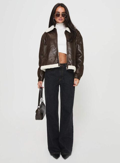 Solara Faux Leather Shearling Jacket Chocolate Product Image