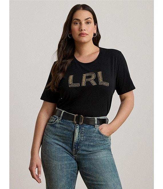 Lauren Ralph Lauren Plus Size Soft Jersey Cotton Crew Neck Short Sleeve Beaded Logo Tee Product Image