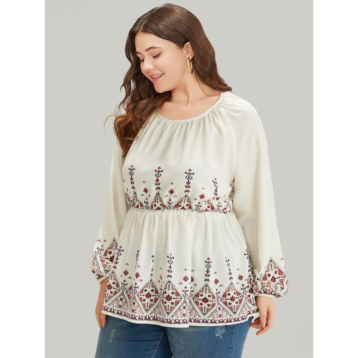 Plus Size Ivory Boho Print Crew Neck Gathered Elastic Waist Blouse Women Vacation Long Sleeve Round Neck Dailywear Blouses BloomChic 28/5X Product Image