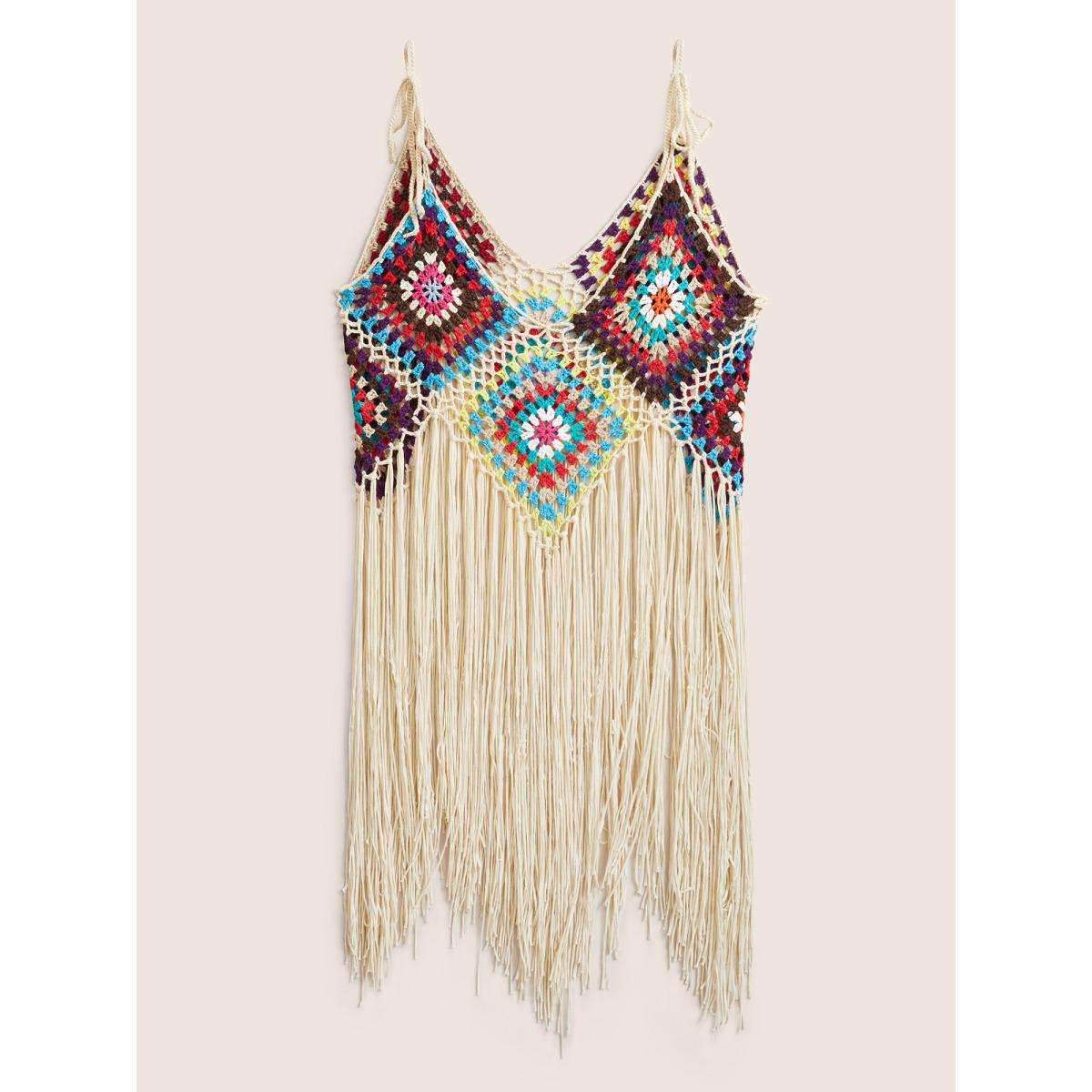 Plus Size Geometric Crochet Fringe Hem Swim Cover Up Women's Swimwear Apricot Beach Texture Curve Swim Cover Ups BloomChic 12/L Product Image