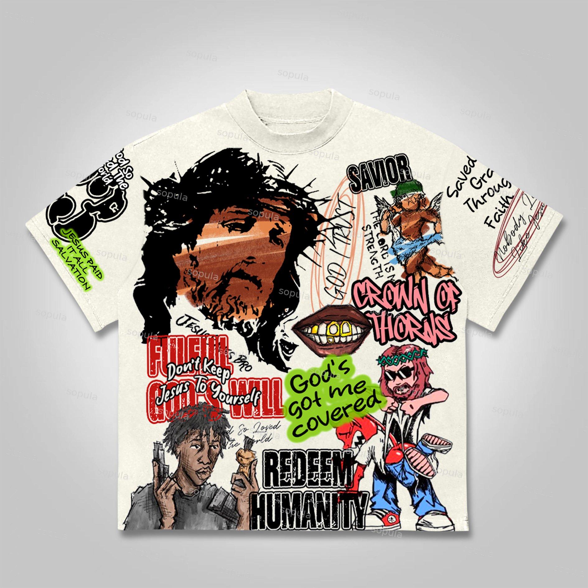 Sopula Vintage Graffiti Jesus Graphic T-shirt Product Image