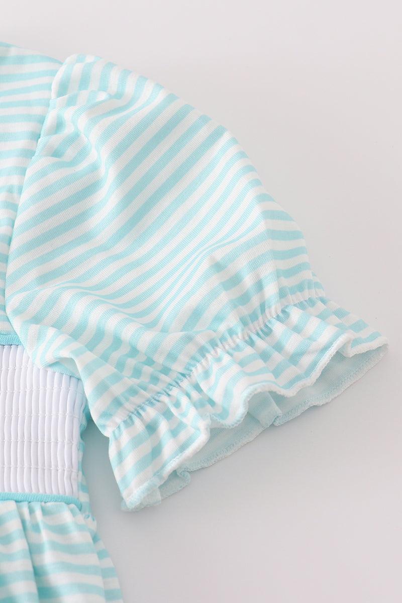 Blue apple pencil bus embroidery smocked shorts set Product Image