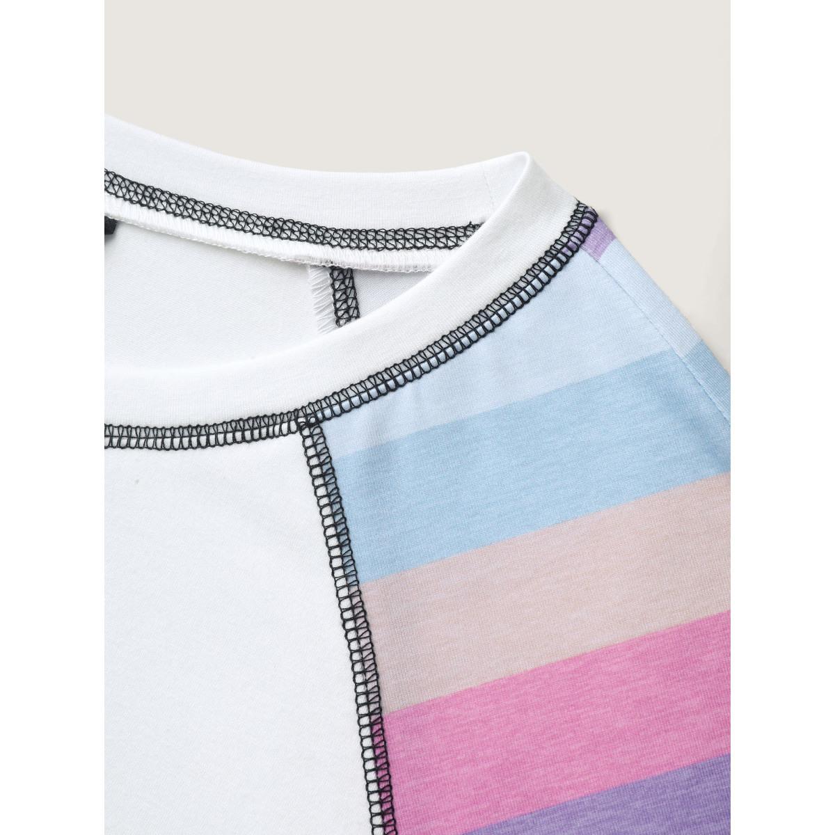 Plus Size Colorful Stripes Raglan Sleeve T-Shirt Originalwhite Women Leisure Topstitching Round Neck Casual T-shirts BloomChic 14-16/1X Product Image