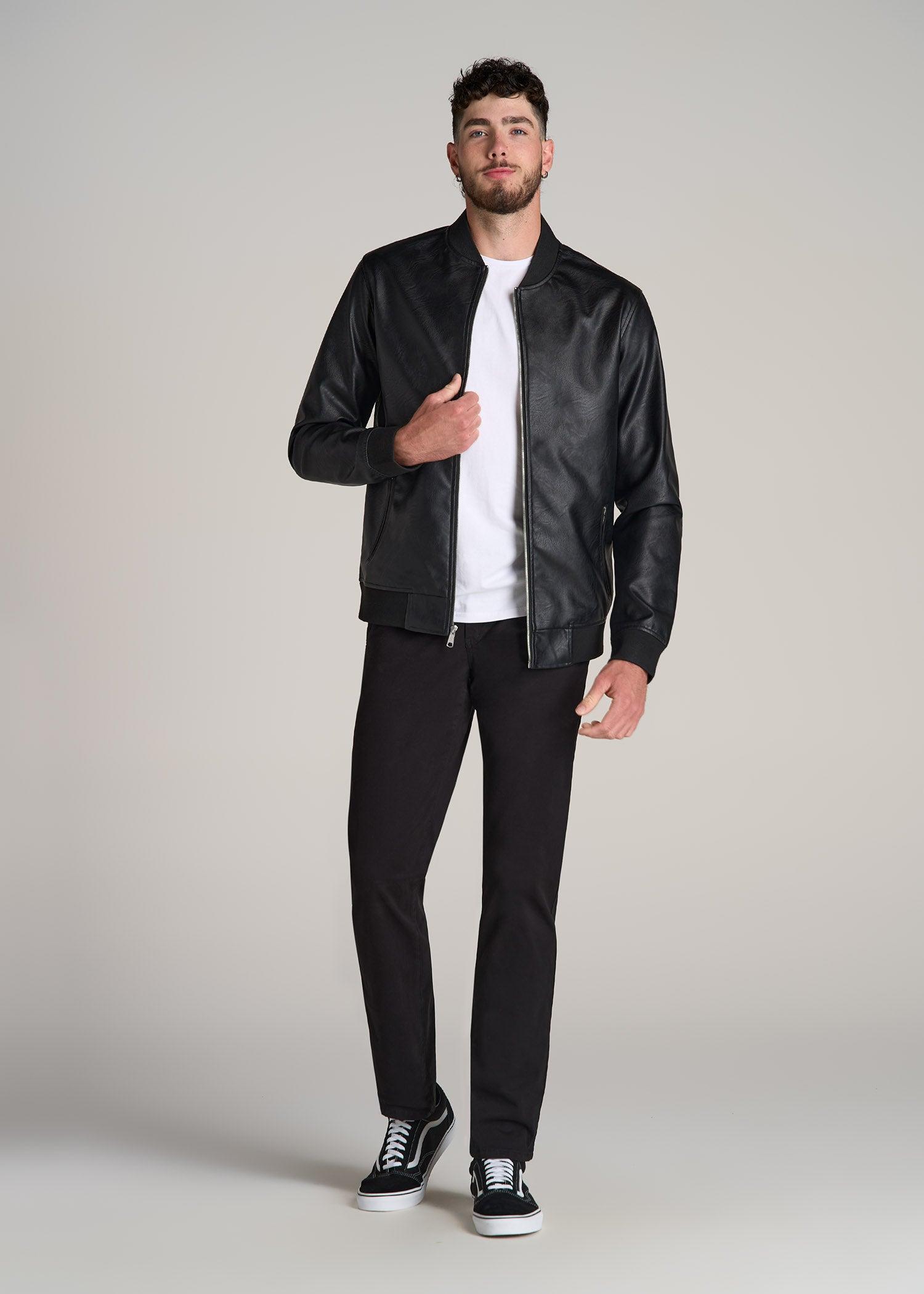 True Touch Leather Bomber Jacket for Tall Men in Black Male Product Image