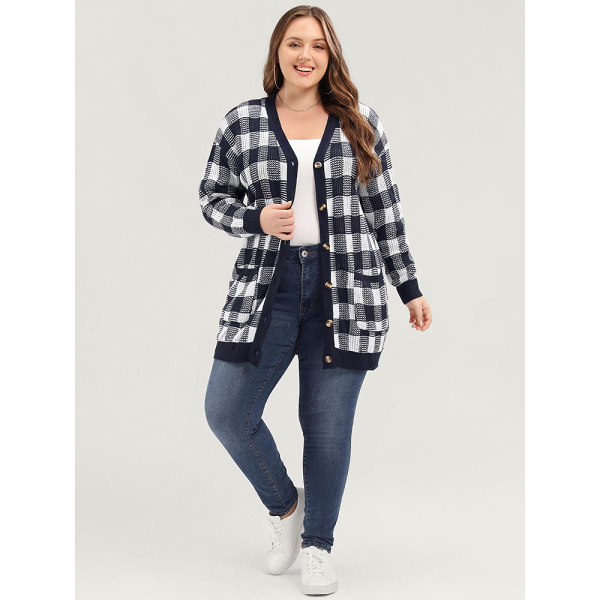 Plus Size Plaid Pointelle Knit Pocket Button Front Cardigan Midnight Women Elegant Loose Long Sleeve Dailywear Cardigans BloomChic 28/5X Product Image