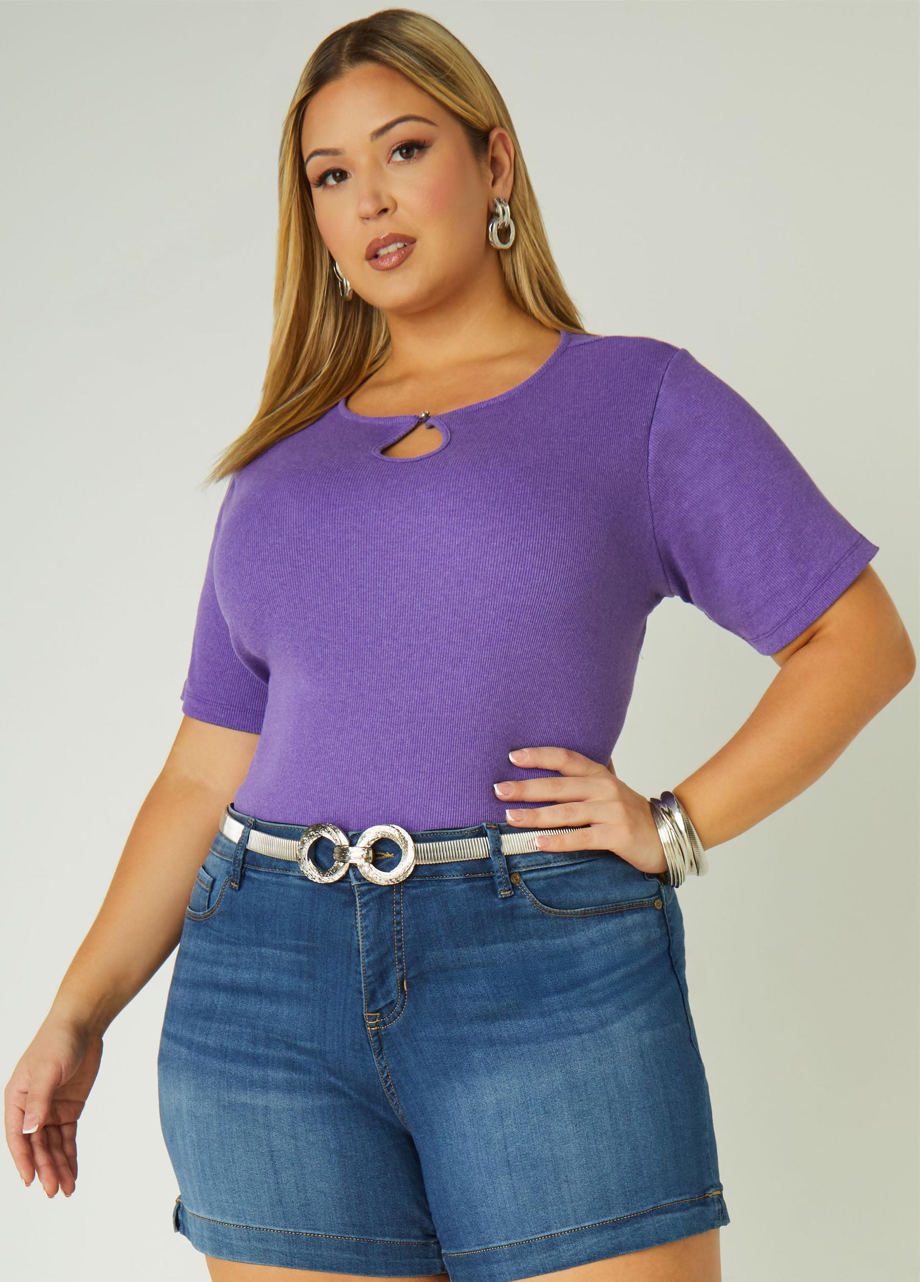 Plus Size Crystal Keyhole Ribbed Top Ashley Stewart Product Image
