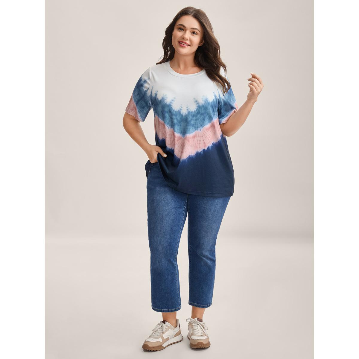 Plus Size Tie-Dye Print Round Neck T-Shirt Multicolor Women Contrast Round Neck Everyday-Casual T-shirts BloomChic 22-24/3X Product Image