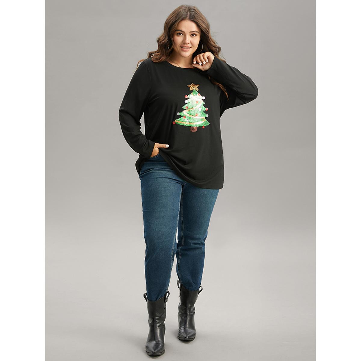 Plus Size Christmas Trees Sequin Round Neck T-shirt Black Women Casual Sequin Christmas Festival-Christmas T-shirts BloomChic 18-20/2X Product Image
