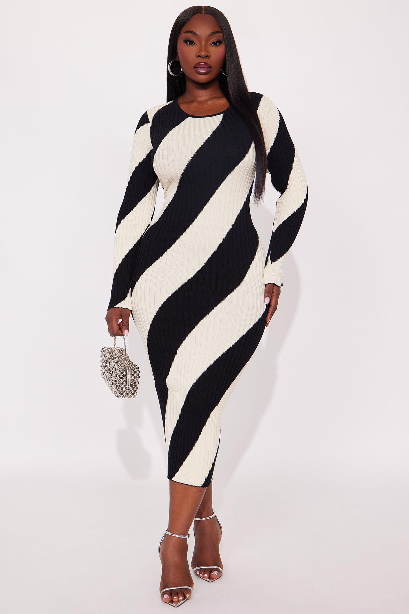 Kiana Striped Ribbed Midi Dress - Black/White Female Product Image