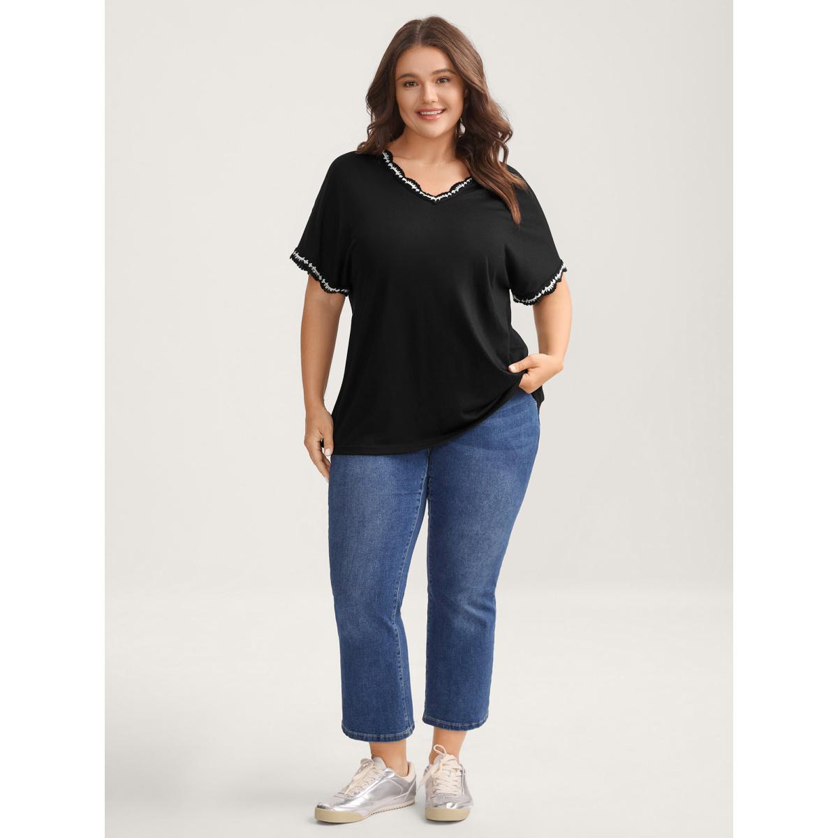 Plus Size Supersoft Stretchy Scalloped Neck Solid T-Shirt Black Women Leisure Woven ribbon&lace trim V-neck Casual T-shirts BloomChic 12/L Product Image