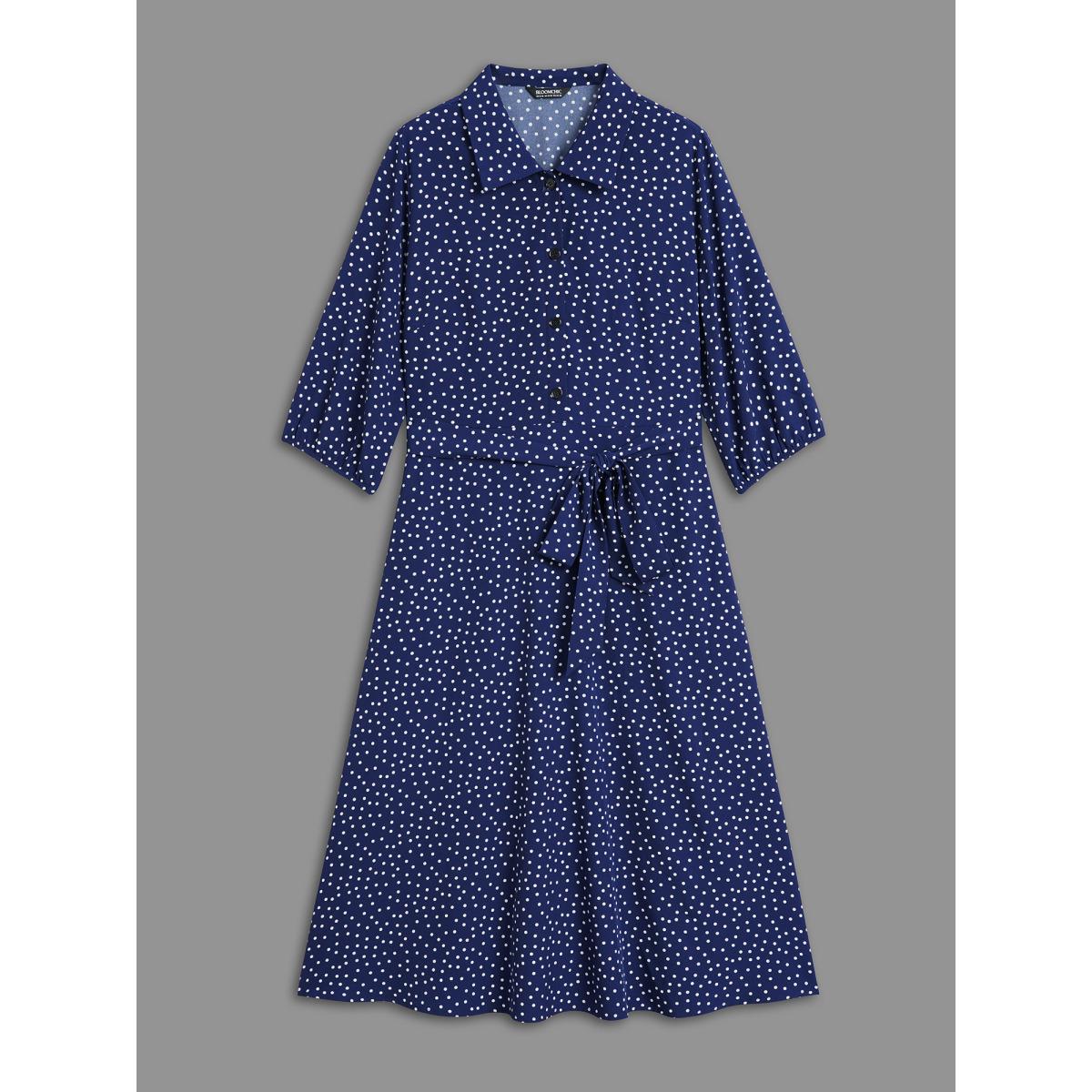 Plus Size Polka Dot Shirt Collar Belted Dress DarkBlue Women At the Office Belted Shirt collar Elbow-length sleeve Curvy BloomChic 30/6X Product Image