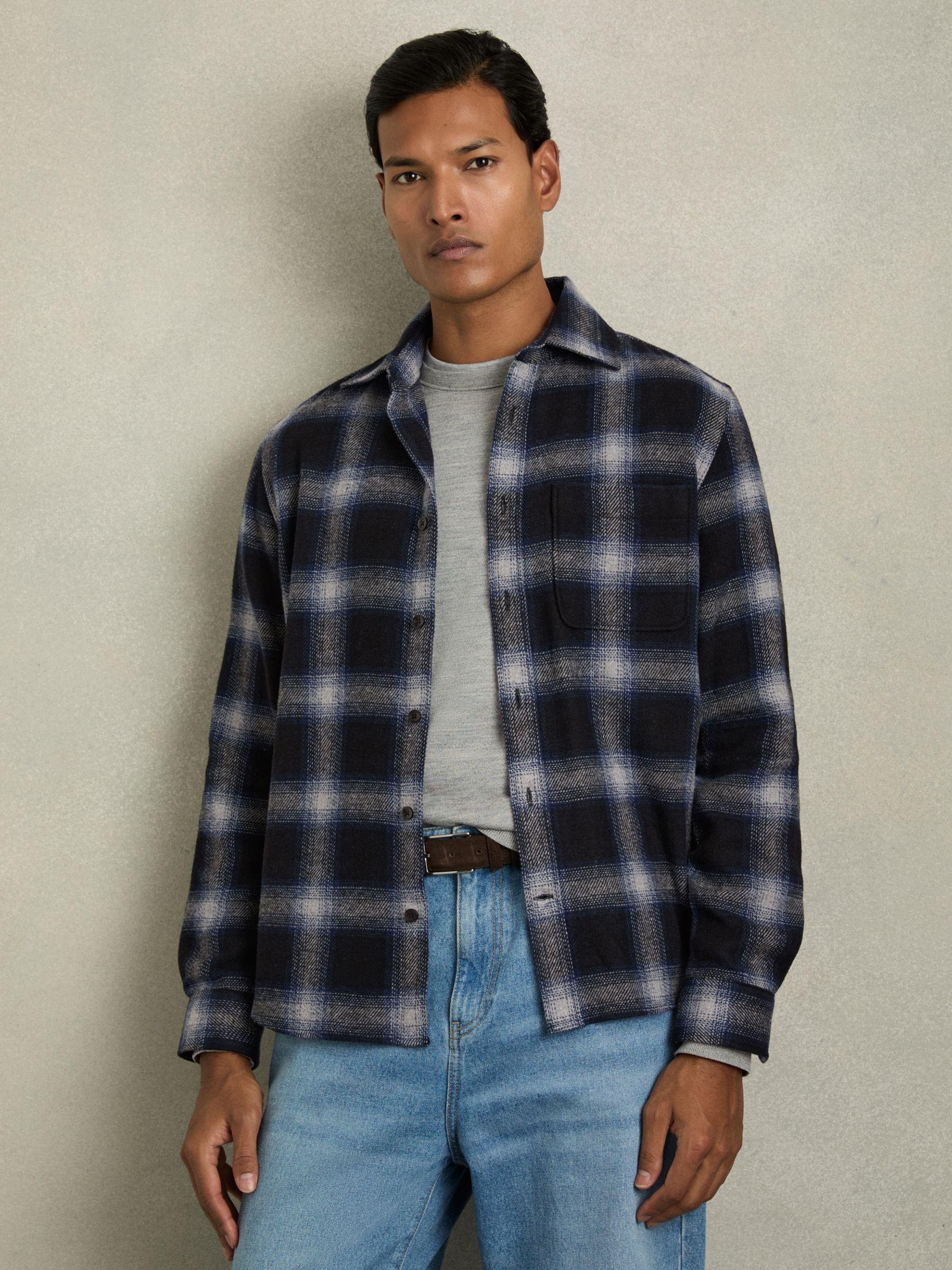 Check Patch Pocket Overshirt With Wool in Navy Multi Product Image